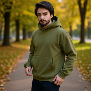 Sudadera con Capucha Personalizada para Hombre, Color Verde Oliva, Mezcla de Algodón y Felpa, Logotipo Impreso Personalizado en la Parte Delantera, Corte Regular, Ropa de Invierno - Product Image 2