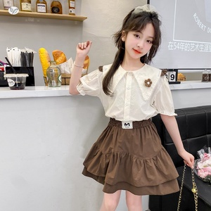Vêtements d'été pour grandes filles, chemise à manches bouffantes, jupe courte à double couche, tenue pour adolescentes - Product Image 1