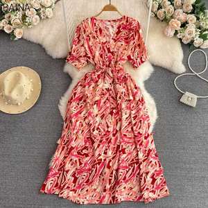 Nuevo Vestido Casual con Estampado Chic y Gran Dobladillo, Cuello en V, Manga Corta, Cintura Alta con Cordones para Mujer - Product Image 3