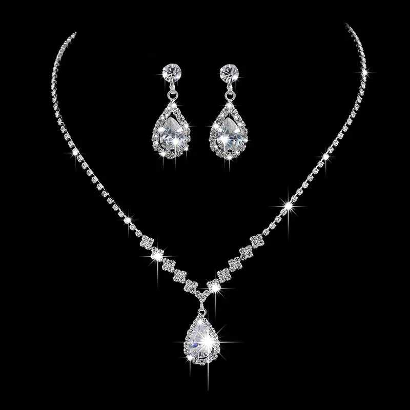 European and American Simple Rhinestone Zircon Water Drop Necklace Earring Set Bride Earring Silver Jewelry