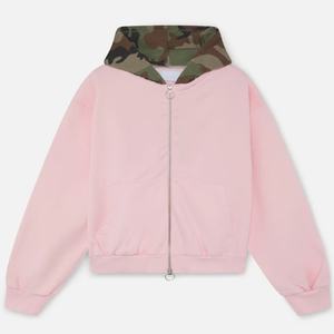 Sweat à capuche zippé rose en molleton de coton avec logo personnalisé, motif camouflage, col à bords bruts, vêtement de sport pour femme, coupe ample - Product Image 2
