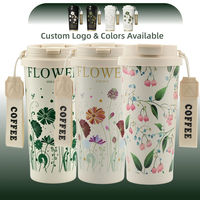 Mug de voyage isotherme 17oz en acier inoxydable, anti-fuite, avec couvercle à paille rabattable et isolation thermique 12-24 heures, motif floral