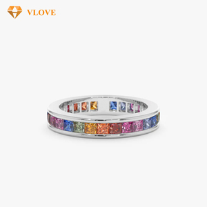 Bague éternelle en saphir arc-en-ciel River Cut, or massif 14K 10K, empilable, pour mariage et anniversaire - Product Image 3