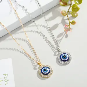 Hot Sale 18K Gold Plating 14mm Round Rhinestone Devil's Eye Necklace Blue Enamel Eye Necklace