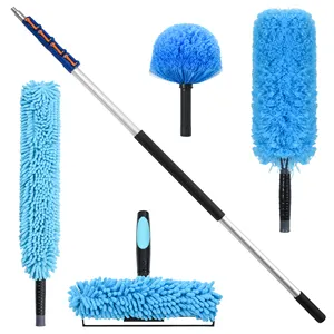 5 in 1 Microfiber Window Squeegee Feather Duster Cobweb Flexible Brush Aluminum Telescopic Cleaning Extension Pole Rod Kit