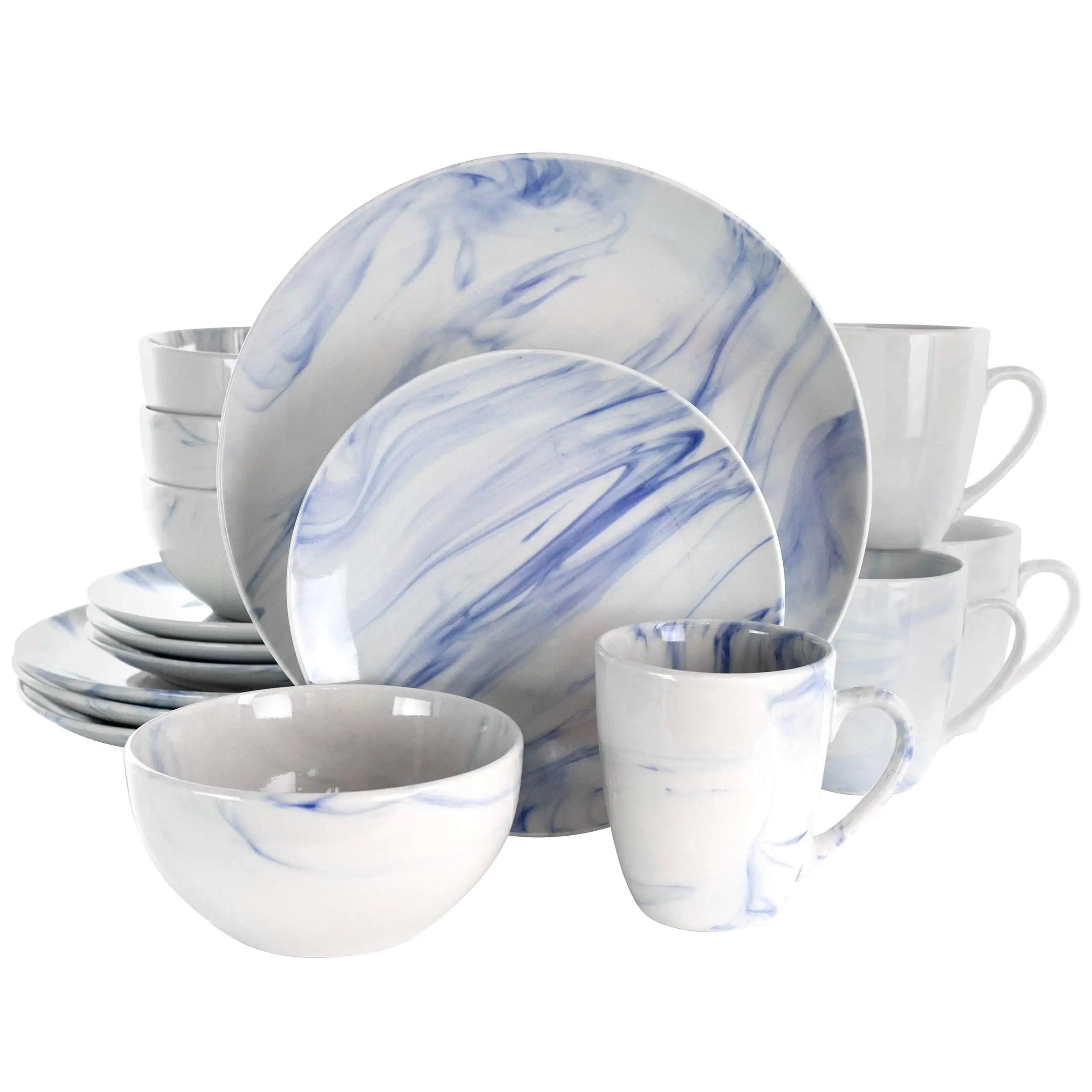 2024 Neues Design 16-teiliges Porzellan mit Marmor glasiertes Porzellan Keramik-Abendessen-Set mit blauer Farbe