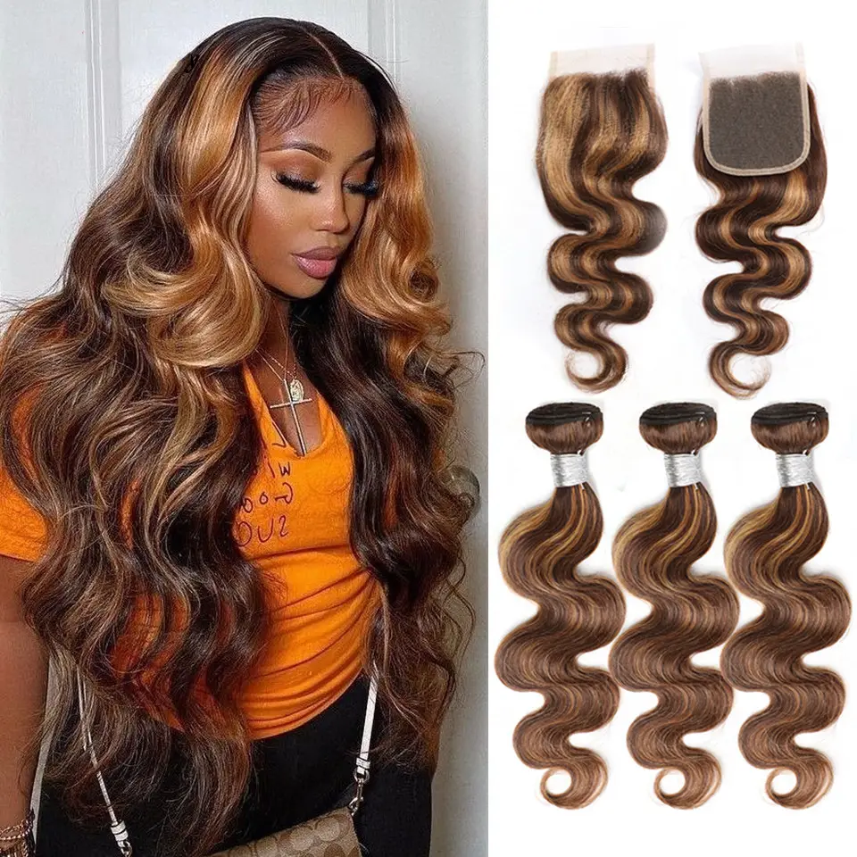 Honey Brown Piano Color Brazilian Hair Weft Body Wave Double Drawn P4/27 Human Hair Bundle With Closure