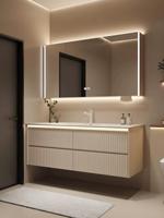 Ensemble de meuble-lavabo de salle de bain moderne de luxe couleur crème avec vasque intégrée - Meuble en bois d'hévéa massif, miroir inclus - Idéal pour hôtels et appartements haut de gamme