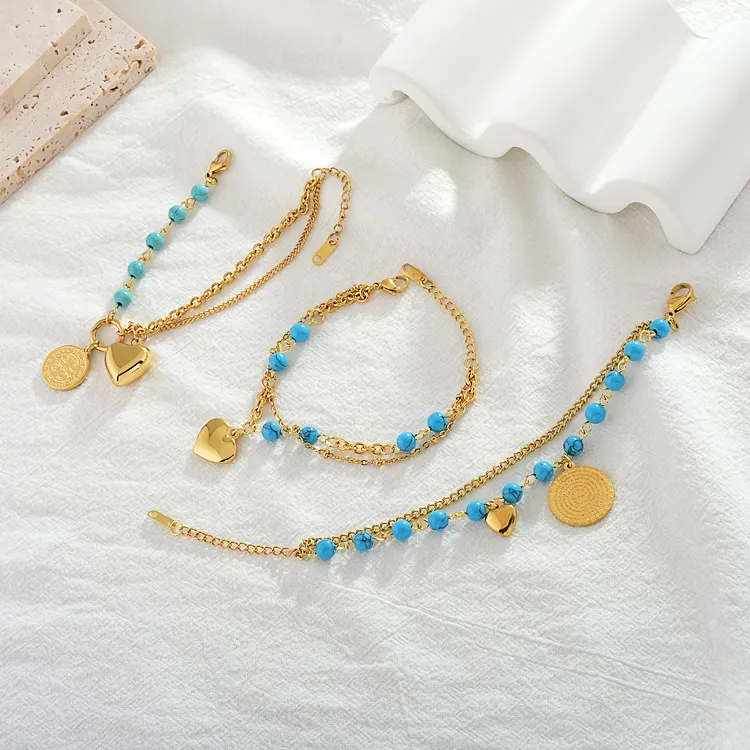 Turquoise Beads Heart Pendant Spiritual Bracelet Stainless Steel Round Bead String Bracelets