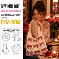 Sac fourre-tout en tricot avec motif ruban rose, sac à bandoulière côtelé crème, cadeau romantique pour elle, logo personnalisé, taille sur mesure, faible MOQ, vente en gros