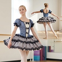 T1778 Costume de ballet vintage pour filles, tutu en forme de crêpe, manches courtes bouffantes, dentelle superposée, pour spectacle de danse sur scène