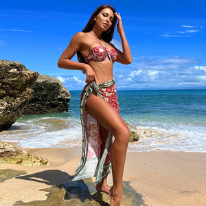 Traje de baño de tres piezas personalizado con estampado sexy de cintura alta para mujer, ropa de playa - Product Image 2