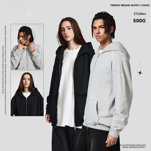 Sweat à capuche rétro style américain automne/hiver en coton pur 500g, coupe ample avec <span class=keywords><strong>fermeture</strong></span> éclair, couleur unie, vêtements pour hommes haut de gamme - Product Image 2