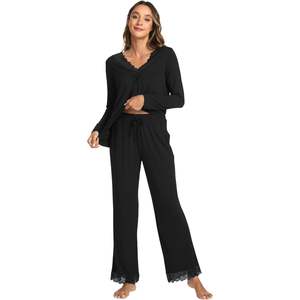 Conjunto de Pijama de Mujer de Viscosa de Bambú Personalizado, Manga Larga, con Ribete de Encaje, Suave, 2 Piezas - Product Image 2