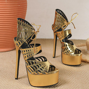 Women Sexy Front Lace up Shoes High <b>Heels</b> Thick Platform Peep <b>Toe</b> Sandals Club Ladies Dancer Cut Out Gold Upper Pumps - Product Image 5