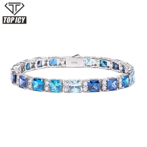 VVS D Blue Moissanite Princess Cut Clustered Tennis Bracelet Hip Hop 925 Sterling Silver Shiny Bracelet Charm Fashion Jewelry