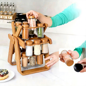 202605 <span class=keywords><strong>Portaspezie</strong></span> <span class=keywords><strong>Girevole</strong></span> Rotondo in <span class=keywords><strong>Legno</strong></span> Vintage da Appoggio con Contenitori per Spezie, Organizzatore da Cucina Multiuso - Product Image 3