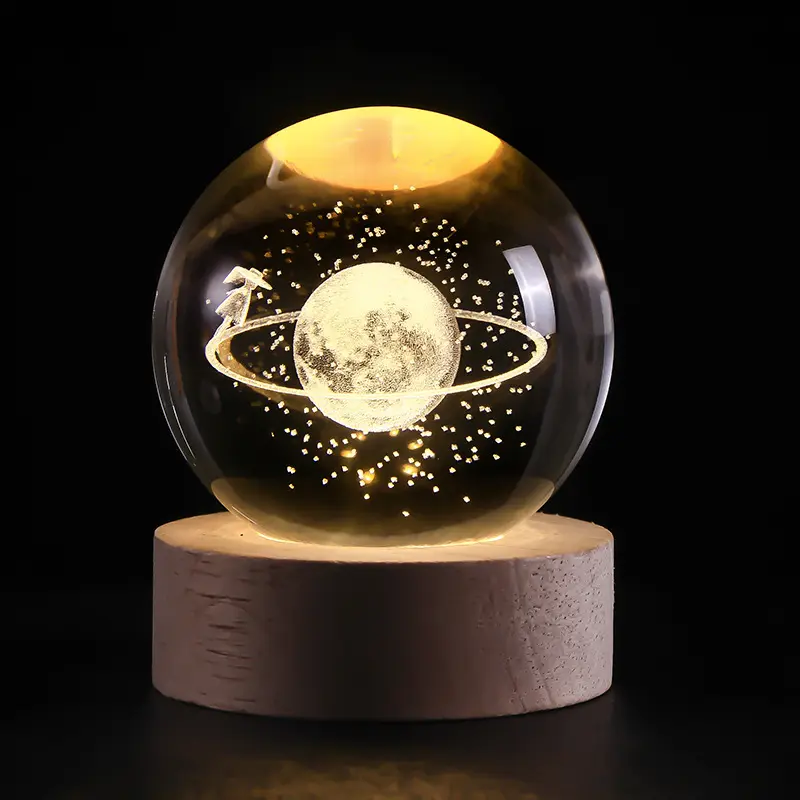 Honneur de cristal Système Solaire Lune Nébuleuse k5K9 boule de cristal lumineuse Cristal 3d Boule Veilleuse avec Base de Veilleuse Led en Bois