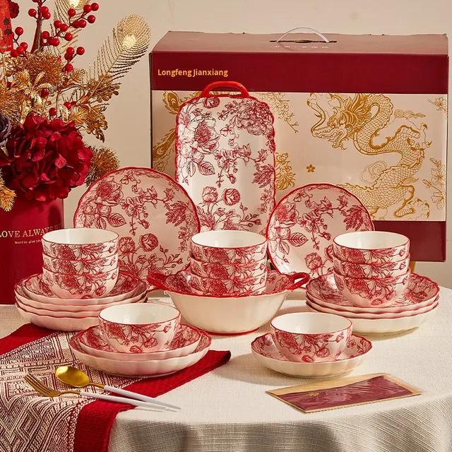 Household Durable Ceramic Dinnerware Set with Scratch-Resistant Glaze, Dishwasher & Microwave Safe for Chinese Wedding