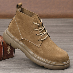 Martin Boot Men Ankle Height <b>Round</b> <b>Toe</b> Flat <b>Heel</b> Waterproof Rubber Outsole Solid Color Lace Up Style - Product Image 1