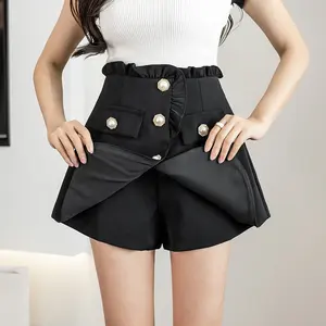 Style High Waist Single-Breasted Culottes With Wooden Ears Slim Irregular Fashion Wide-Leg Shorts For Women
