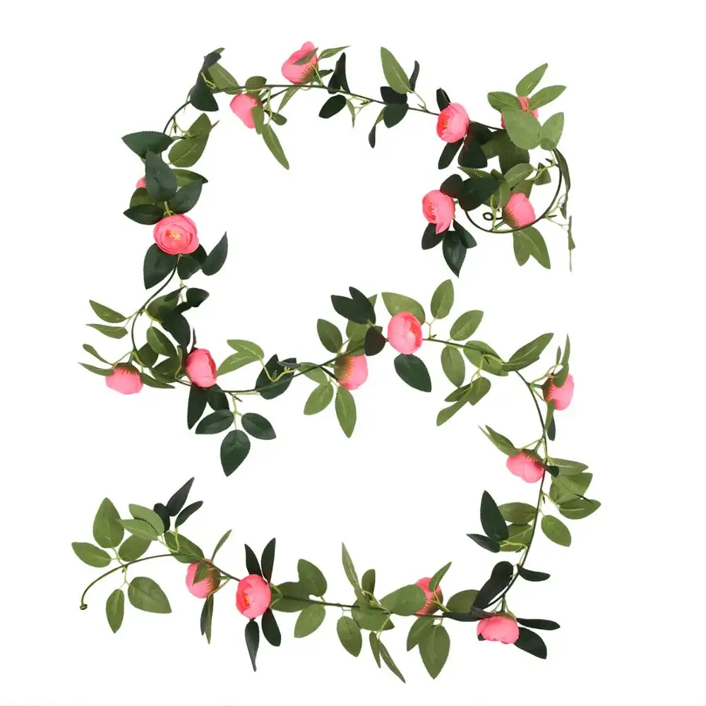 200 cm Faux Wreath Greenery Leaf Vine Plants Foliage Artificial Garland with Camellia Flower