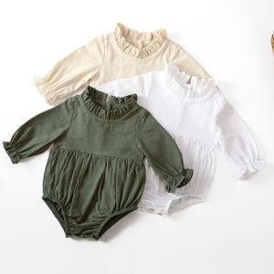 Mono de lino y algodón para niños pequeños de Primavera al por mayor, monos para niñas de manga larga con volantes, peleles para bebés recién nacidos - Product Image 1