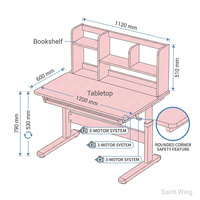 Bureau d'étude ergonomique en métal pour enfants, réglable en hauteur avec 3 moteurs, plateau inclinable, étagère, rose, bleu, école