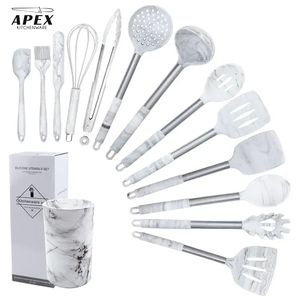 Premium 14 piezas patrón de mármol silicona utensilios de cocina conjunto espátula pinzas batidor <span class=keywords><strong>Turner</strong></span> soporte triturador espagueti cuchara Slotte - Product Image 1