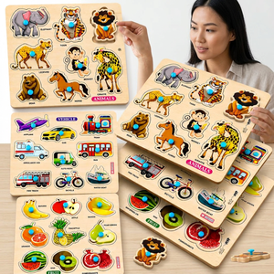 Rompecabezas de madera con animales, vehículos y frutas con perillas, juguete clásico para niños pequeños - Product Image 1