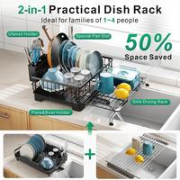 Organisateur de vaisselle et de bols extensible en acier au carbone à placer sur l'évier avec égouttoir amovible, support de rangement de cuisine durable et imperméable