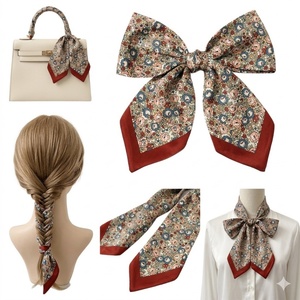 Écharpe fine vintage style <span class=keywords><strong>Liberty</strong></span> à petit imprimé floral avec bordure rouge pour femme, ruban pour cheveux tressés et nœud papillon - Product Image 1
