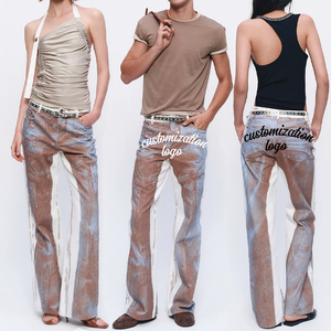 Jeans personnalisés à taille basse, style rétro américain, imprimés recto-verso, uniques, coupe droite légèrement évasée pour femmes - Product Image 1