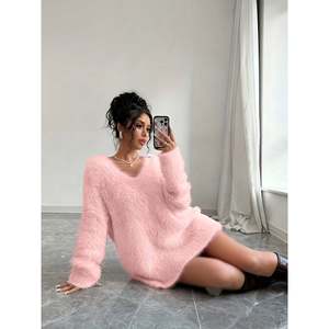 Fuzzy V Neck Knit Mini <b>Dress</b> Women's Sweater <b>Dress</b> Color <b>White</b> - Product Image 1