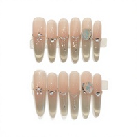 Lot de 24 faux ongles autocollants irisés œil de chat, longs, en amande, opale ombrée, avec strass 3D en forme de cœur, brillants, pour soirée