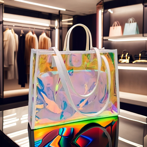 Logotipo personalizado TPU brillante iridiscente transparente regalo compras regalo mujeres bolsos holograma PVC bolso de mano para ropa cosmética - Product Image 5