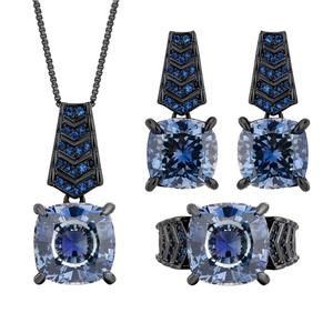Factory Wholesale Eco-friendly Copper Black Gold Plated 14-12MM Zircon Pendant Earrings <b>Ring</b> Set Black Jewelry Set for Banquet - Product Image 1