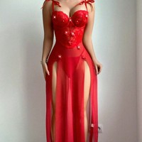 Lingerie Seksi Gaya Eropa Amerika Model Camisole Bermotif Bunga dengan Rok Panjang Berbahan Polyester Dobby