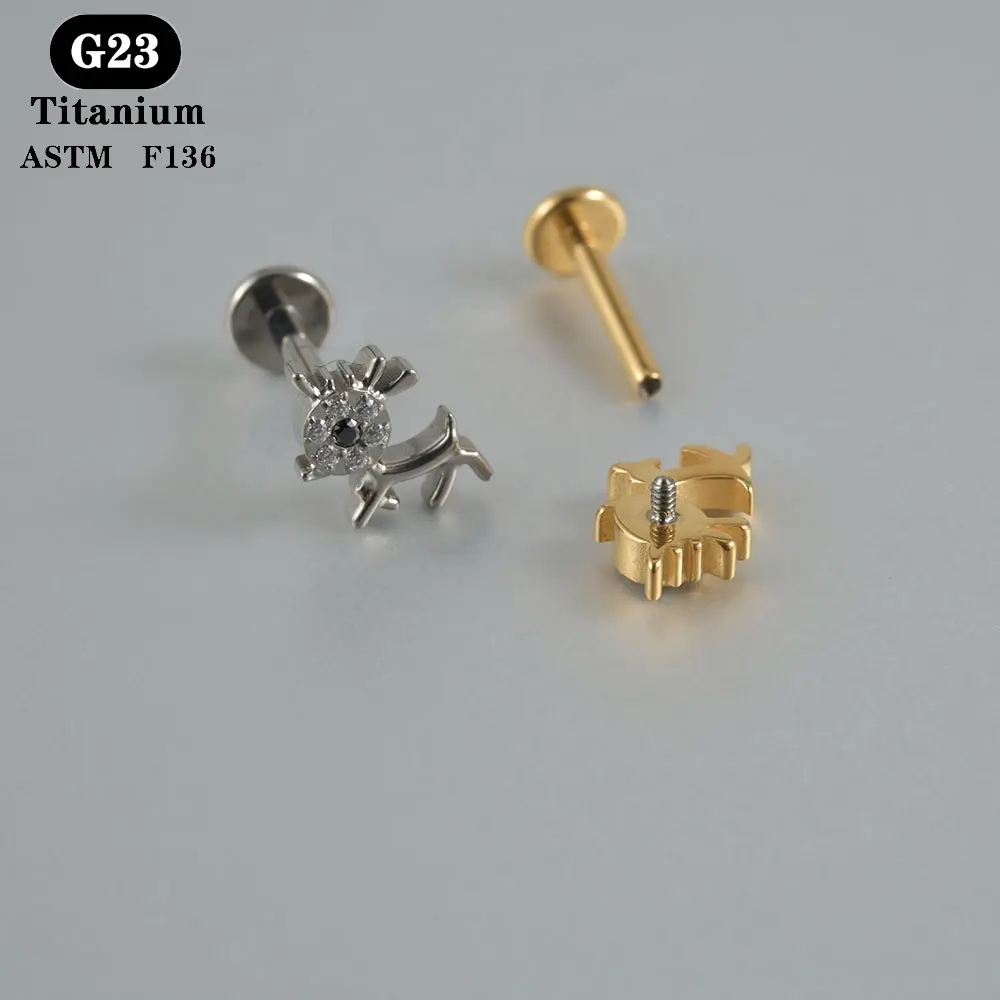 12 스타일 ASTM F136 티타늄 지르콘 금도금 Labret 귀여운 사슴 귀걸이 귀 로브 연골 피어싱 보석 도매