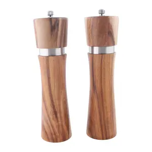 Hot Sale Elegant Salt and Pepper Grinder Manual Pepper and Salt Mill Set Acacia Wood 8" Grinder Sets With Stainless Steel Ring