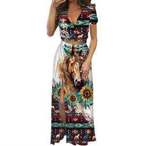 Hot Selling Retro <strong>Aztec</strong> Horse Sunflowers Summer Sexy Ladies Crop Top and <strong>Skirts</strong> Sets 2 Piece Set for Womens Fashion Clothes - Product Image 1