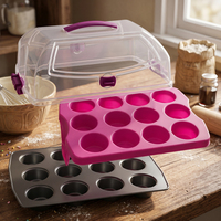 24 moules à muffins ronds pour cupcakes avec support de récipient à cupcakes en plastique et facile à ranger et à transporter