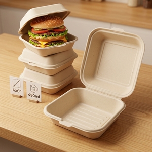 6x6 バガス製バーガーボックス 450ml PFASフリー BPAフリー 耐油・耐水性 電子レンジ対応 生分解性 クラムシェル型 バーガー・フライドポテトコンボ用 - Product Image 4