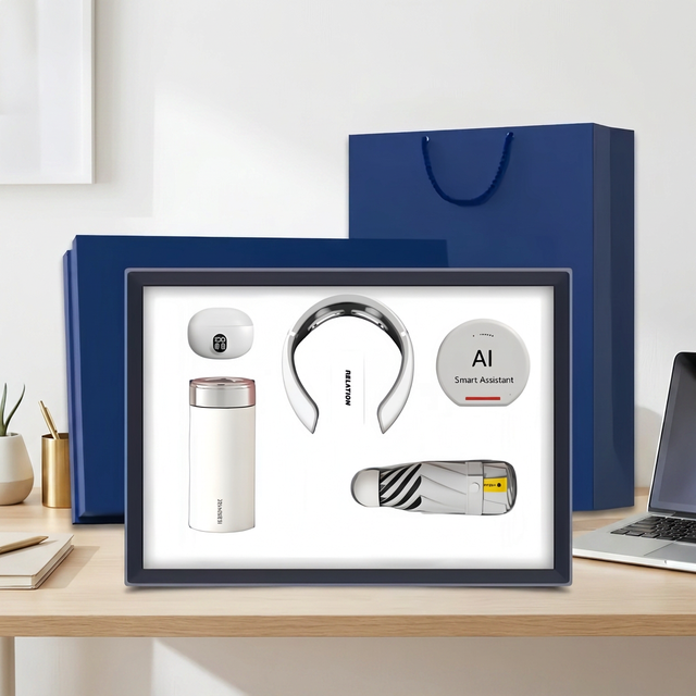 Luxury AI Speaker Business Gift Set with Neck Massager Bluetooth Earphone Thermos Cup Umbrella Corporate Promotional Gifts OEM
