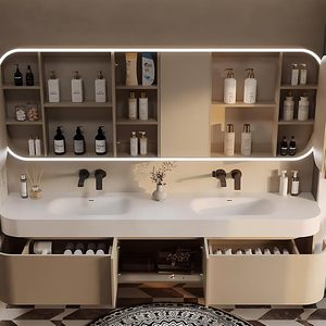 Meuble-lavabo mural de luxe moderne à double tiroir avec comptoir intégré et armoire miroir LED intelligente anti-buée - Product Image 3