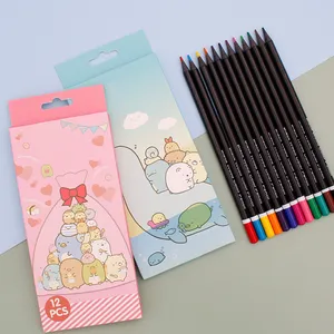 Set di matite colorate in legno nero 12 o 24 colori all'ingrosso in fabbrica con bella scatola di animali da cartone animato per bambini studenti regalo di apertura