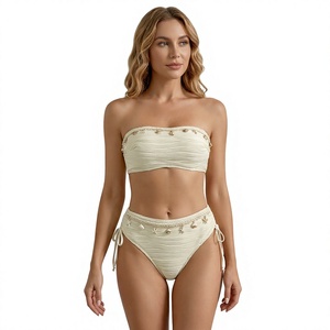 Women Bandeau Bikini Set Shell Textured Strapless 2 Piece Swimwear Drawstring Front Logo Quick Dry <b>Beach</b> Bathing Suit Wholesale - Product Image 1