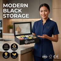 Boîte à thé Landy en MDF noir, organisateur de rangement à 8 compartiments avec couvercle en verre pour garde-manger, vente en gros, fabricant