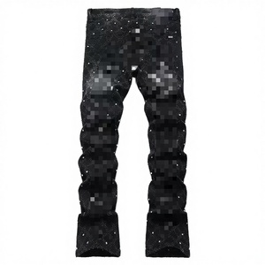 Jean Bootcut Homme High Street Effet Usé Broderie Diamant Stretch Skinny Déchiré Délavé Respirant Écologique Empilé - Product Image 2