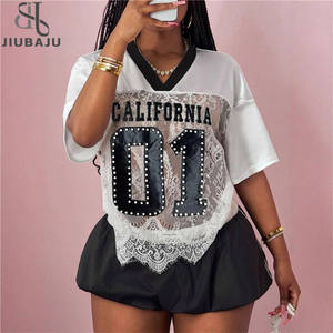 Fashion Y2K Letter Stitching Lace Loose Tshirt Women Neck Short Sleeve <strong>See</strong> <strong>Though</strong> Hollow Out <strong>Tops</strong> - Product Image 1